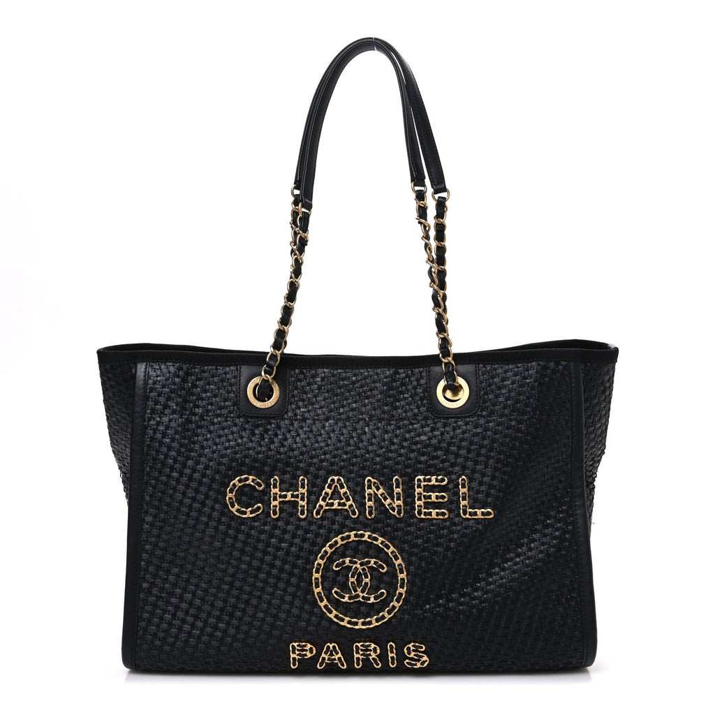 Chanel Straw Raffia Calfskin Chain Small Deauville Tote Black