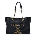 Chanel Straw Raffia Calfskin Chain Small Deauville Tote Black