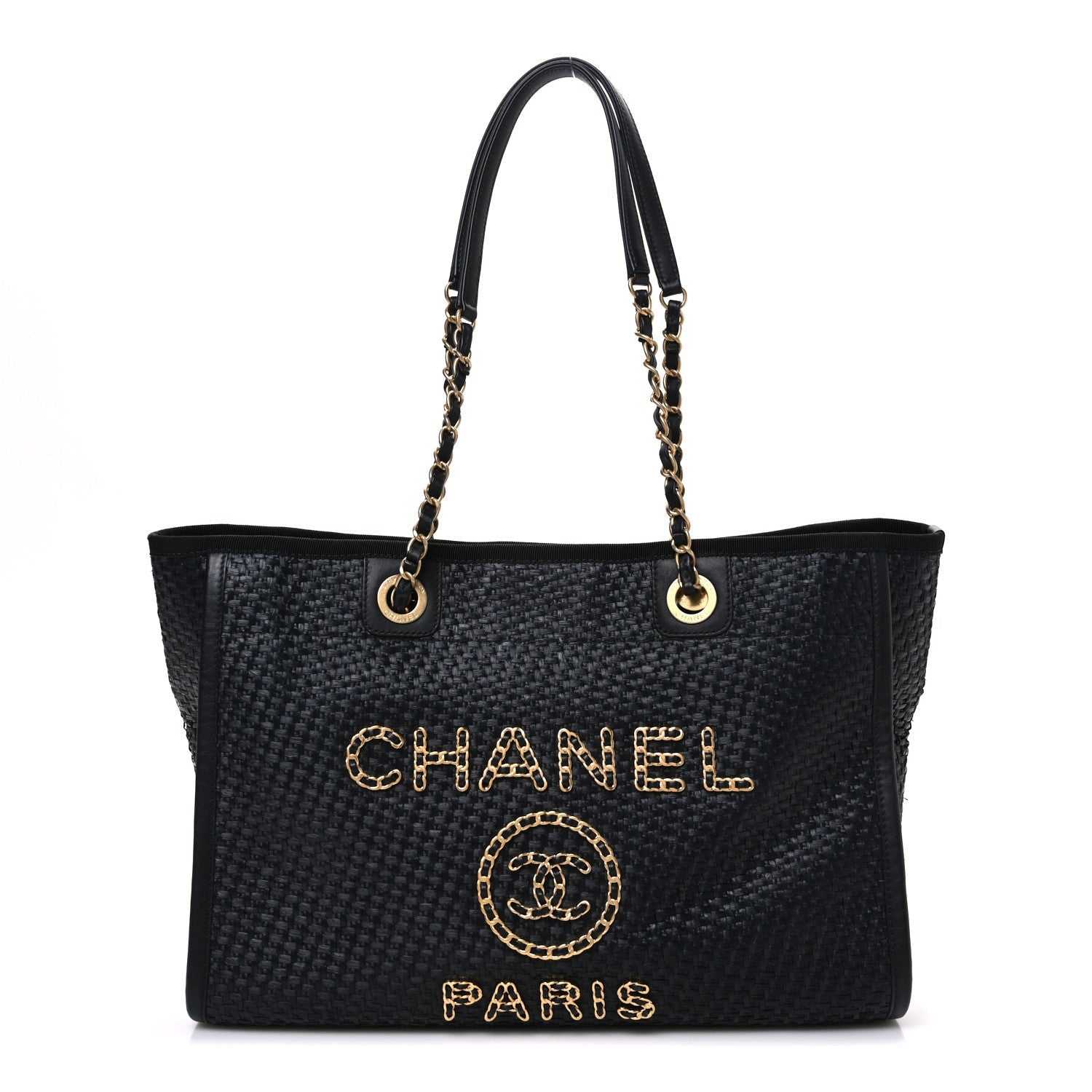 Chanel Straw Raffia Calfskin Chain Small Deauville Tote Black