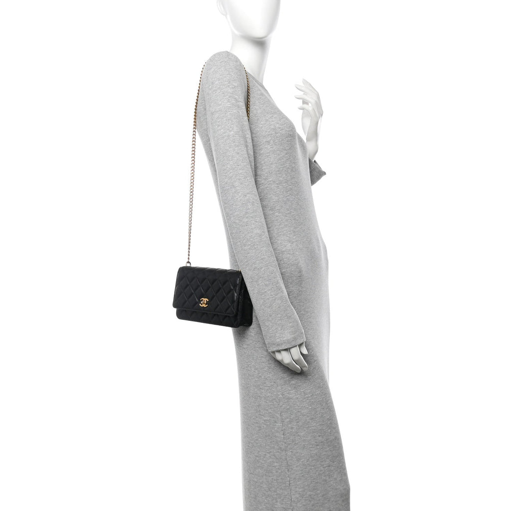 Chanel Lambskin Quilted Sweet Camellia Wallet On Chain WOC Black