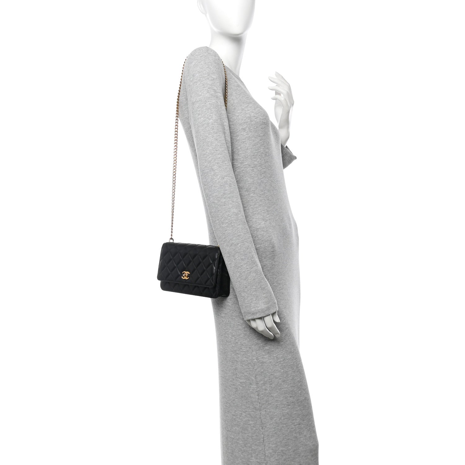 Chanel Lambskin Quilted Sweet Camellia Wallet On Chain WOC Black