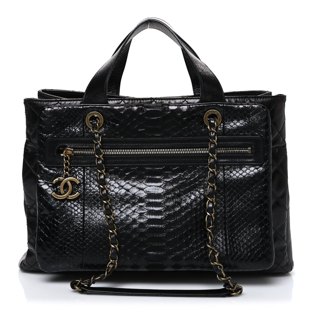 Chanel Snakeskin Glazed Calfskin Quilted Urban Mix Tote Black