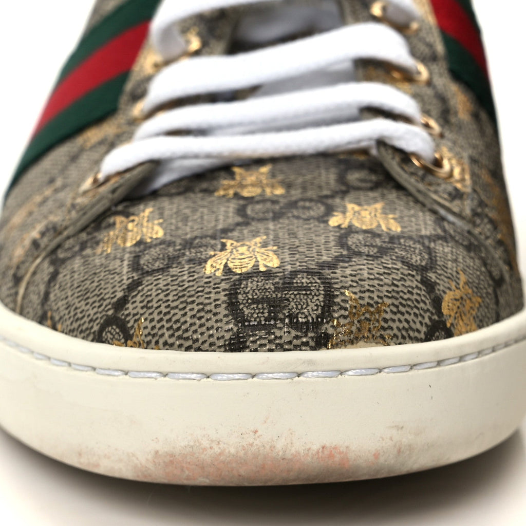 Gucci GG Supreme Monogram Bees Ayers Web Womens Ace Sneakers 37 Beige Oro Green Red