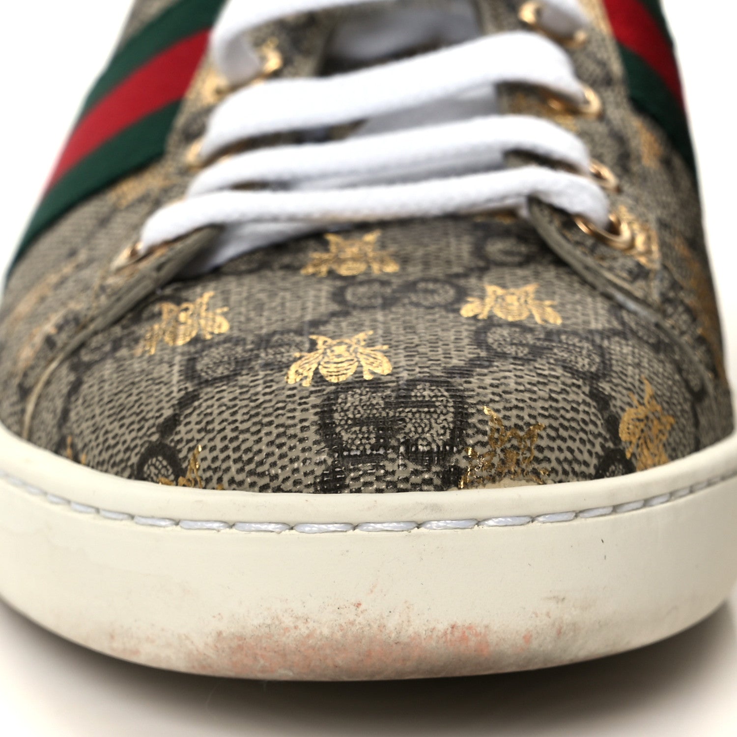 Gucci GG Supreme Monogram Bees Ayers Web Womens Ace Sneakers 37 Beige Oro Green Red