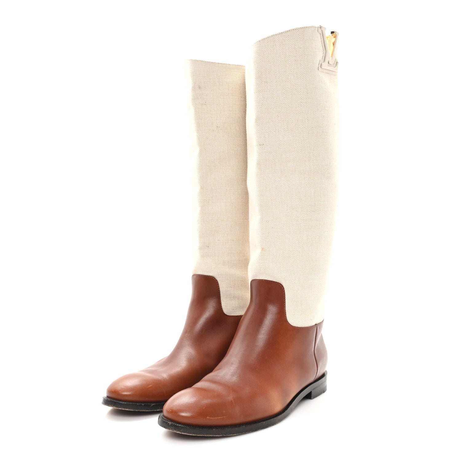 Louis Vuitton Canvas Calfskin Heritage Flat High Boots 38 Beige Brown
