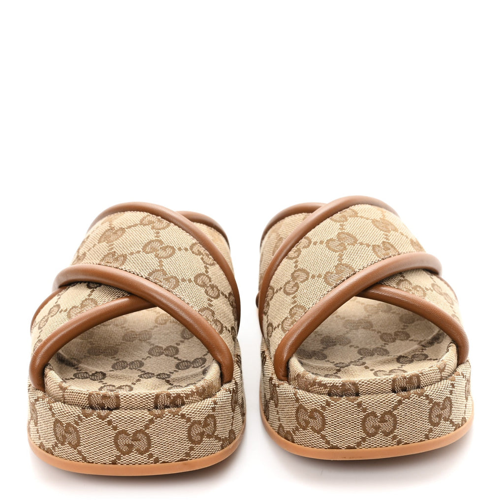 Gucci Monogram GG Calfskin Angelina Platform 55mm Slide Sandals 35 Camel Ebony