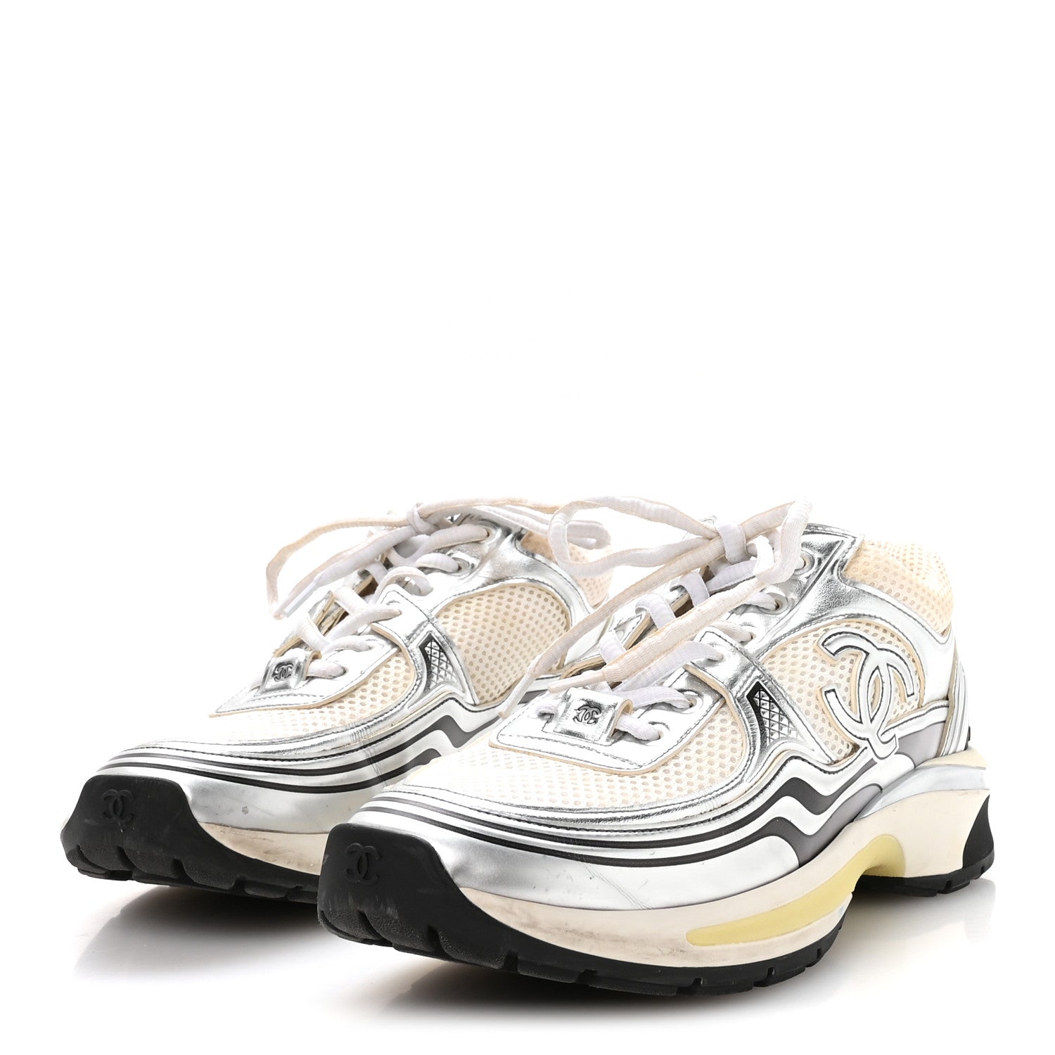 Fabric Laminated Calfskin Stretch CC Sneakers 38.5 White Silver