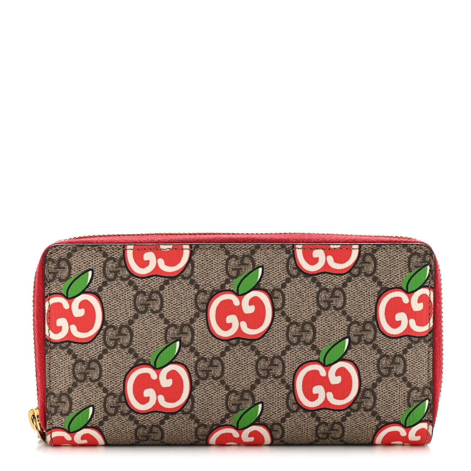 Gucci GG Supreme Monogram Apple Zip Around Wallet Beige Multicolor Lobster Red