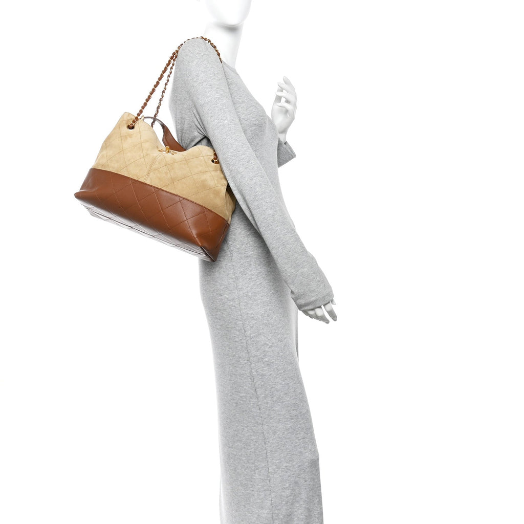 Chanel Suede Calfskin Shiny Lambskin Quilted Small Coco Base Shopping Bag Beige Camel