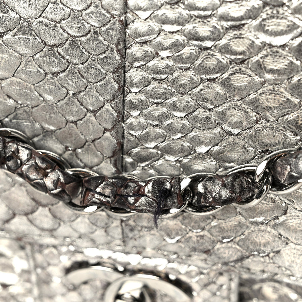 Chanel Metallic Snakeskin Medium Single Flap Silver