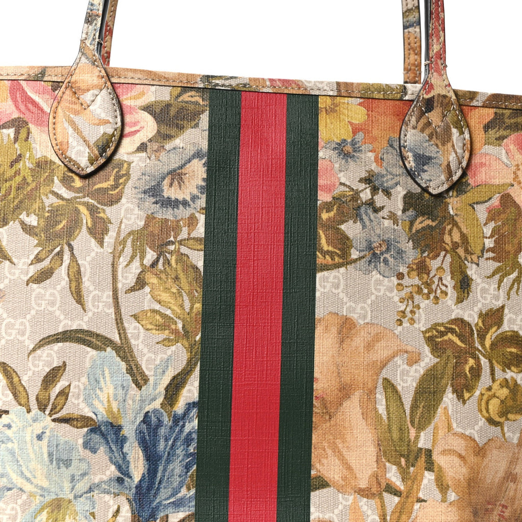 Gucci GG Supreme Monogram Water Flora Web Large Ophidia Tote Beige White Multicolor