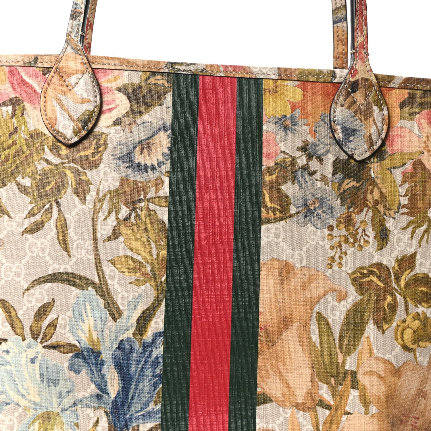 Gucci GG Supreme Monogram Water Flora Web Large Ophidia Tote Beige White Multicolor