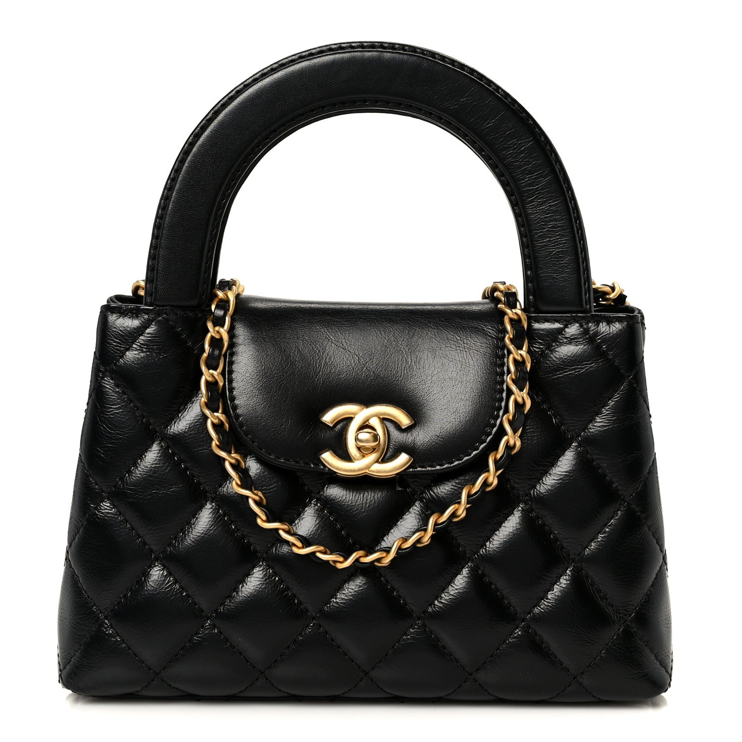 Chanel Shiny Aged Calfskin Quilted Nano Kelly Shopper Black