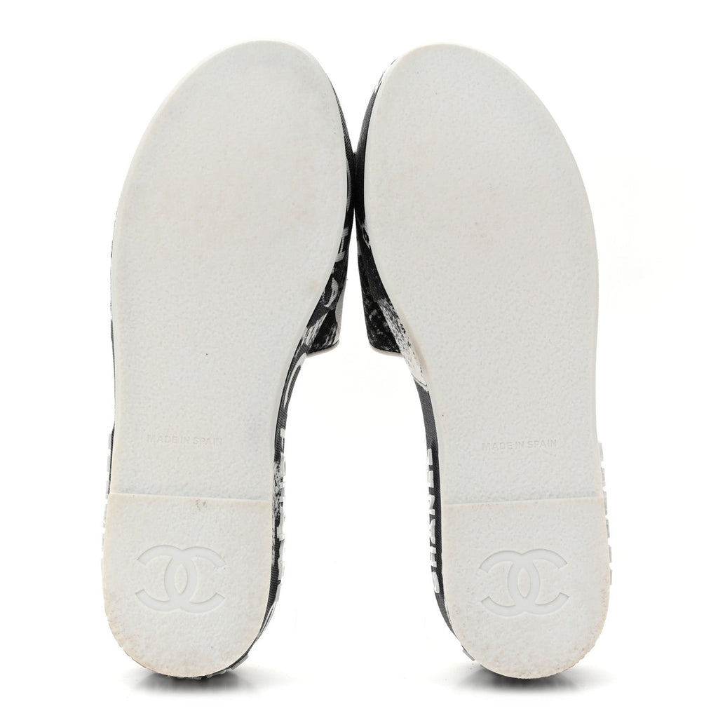 Fabric Grosgrain Printed CC Espadrille Slip On Sandals 36 Black White