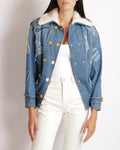 Chanel Métiers d’Art 2019 Blue Denim Jacket with Faux Fur Lining and Patchwork Details with Gold Cat CC Logo Buttons Size FR 34 (UK 6)