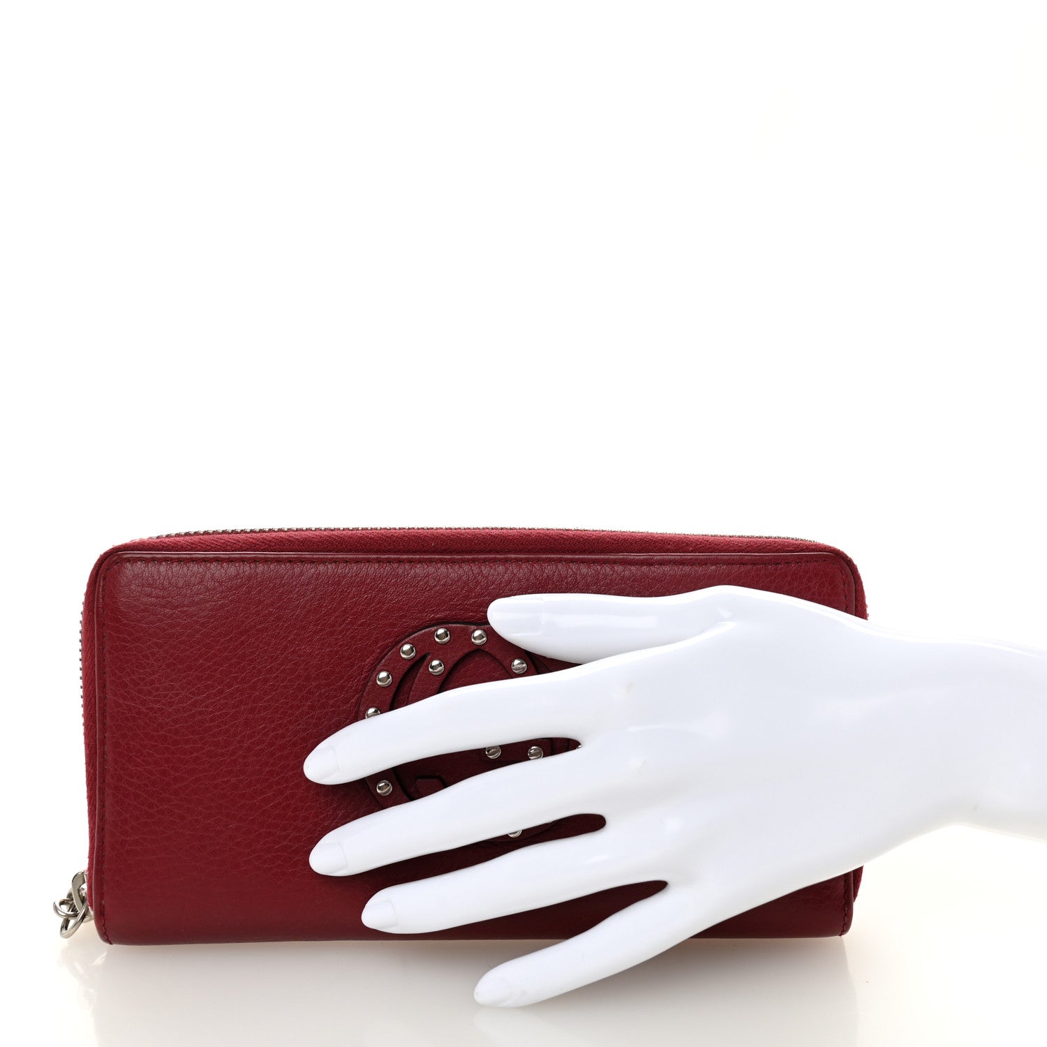 Gucci Pebbled Calfskin Studded Soho Zip Around Wallet Soft Burgundy