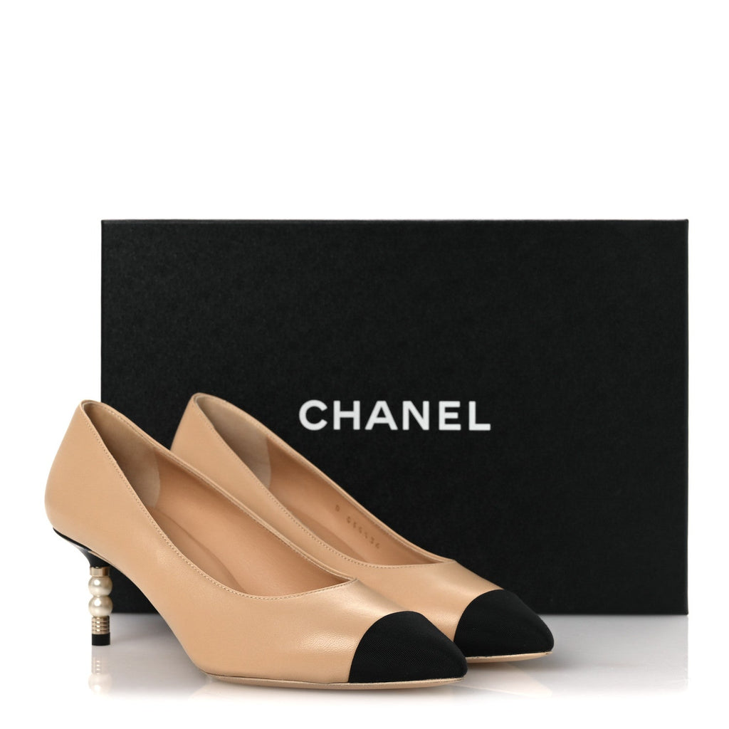 Lambskin Grosgrain Cap Toe CC Pearl Pumps 36.5 Beige Black