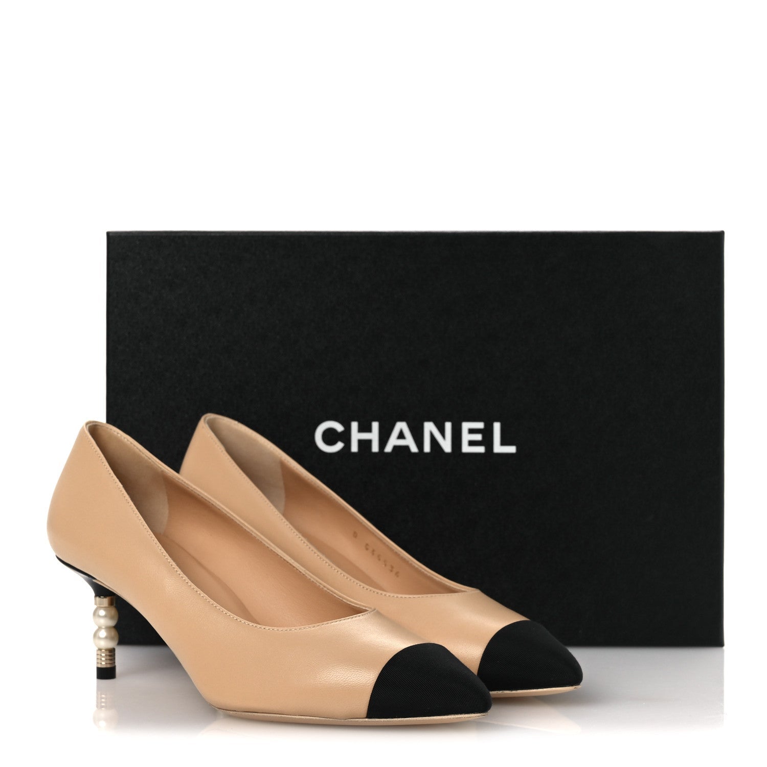 Lambskin Grosgrain Cap Toe CC Pearl Pumps 36.5 Beige Black