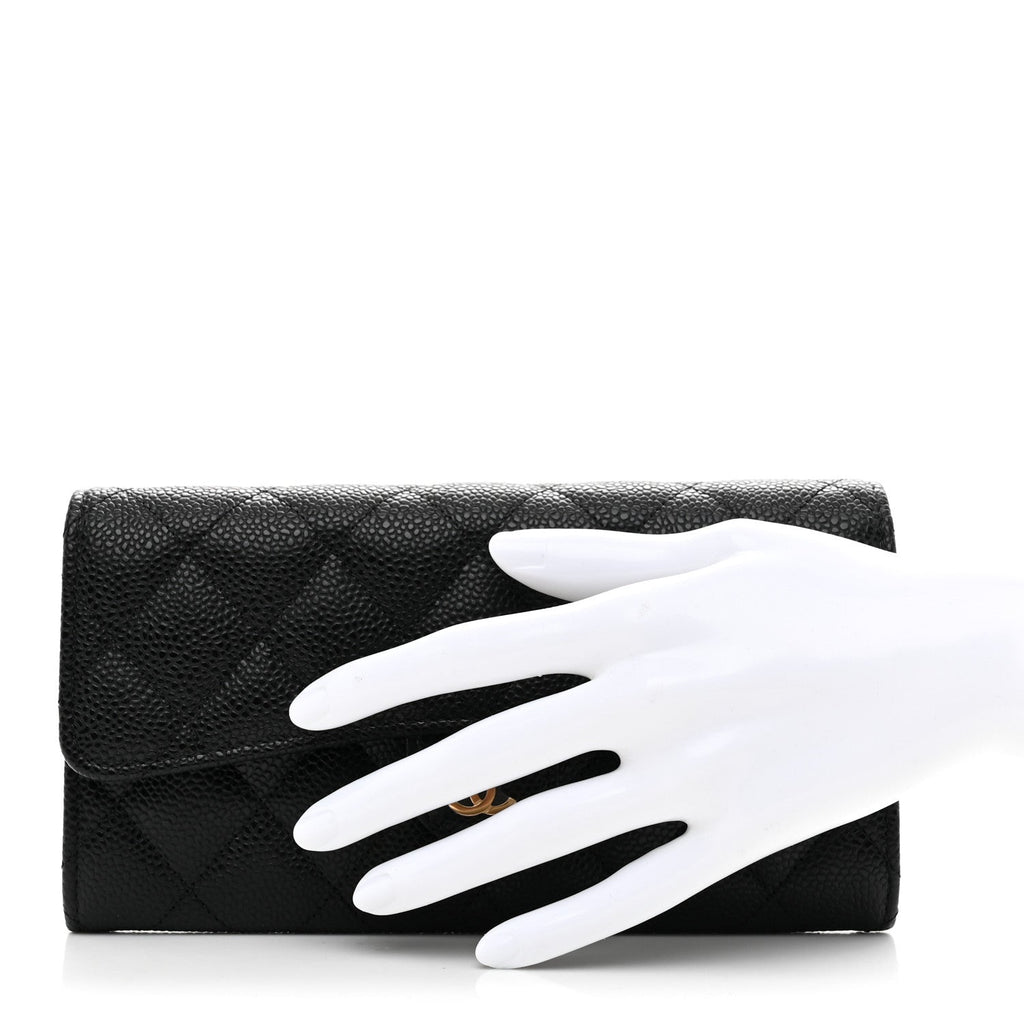 Caviar Quilted Large Gusset Flap Wallet Black