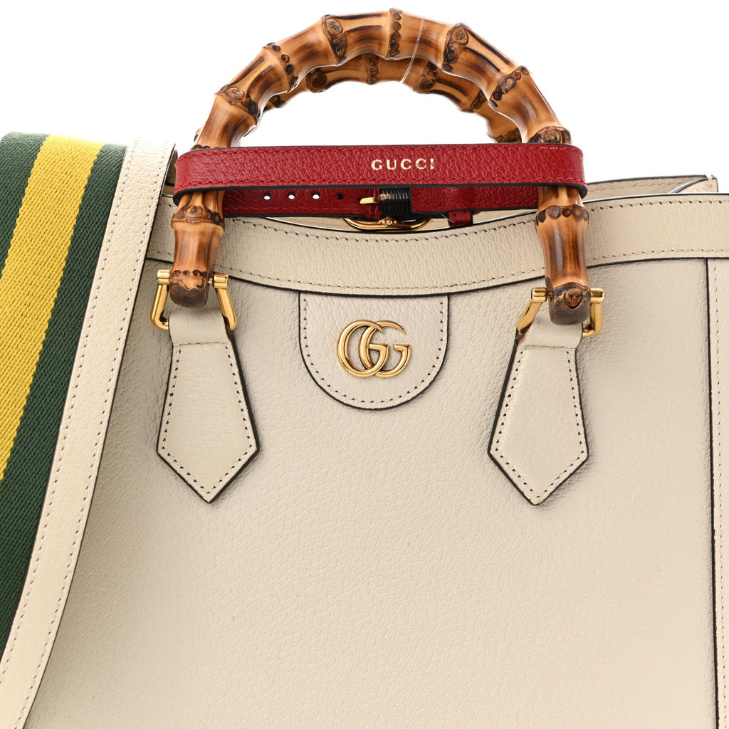 Gucci Textured Dollar Calfskin Web Small Diana Tote Bag Mystic White