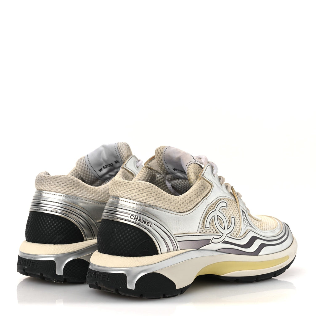 Fabric Laminated Calfskin Stretch CC Womens Sneakers 38.5 White Gold Silver