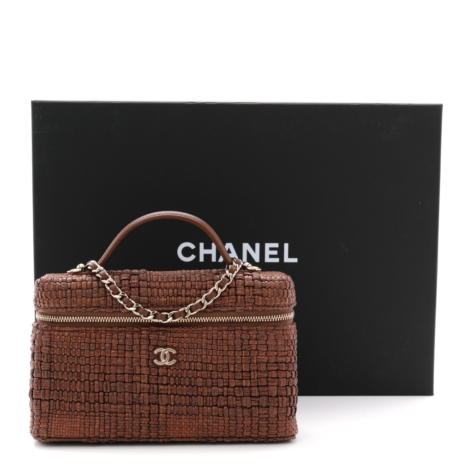 Chanel Braided Raffia Quilted Top Handle Slim Vanity With Chain Brown