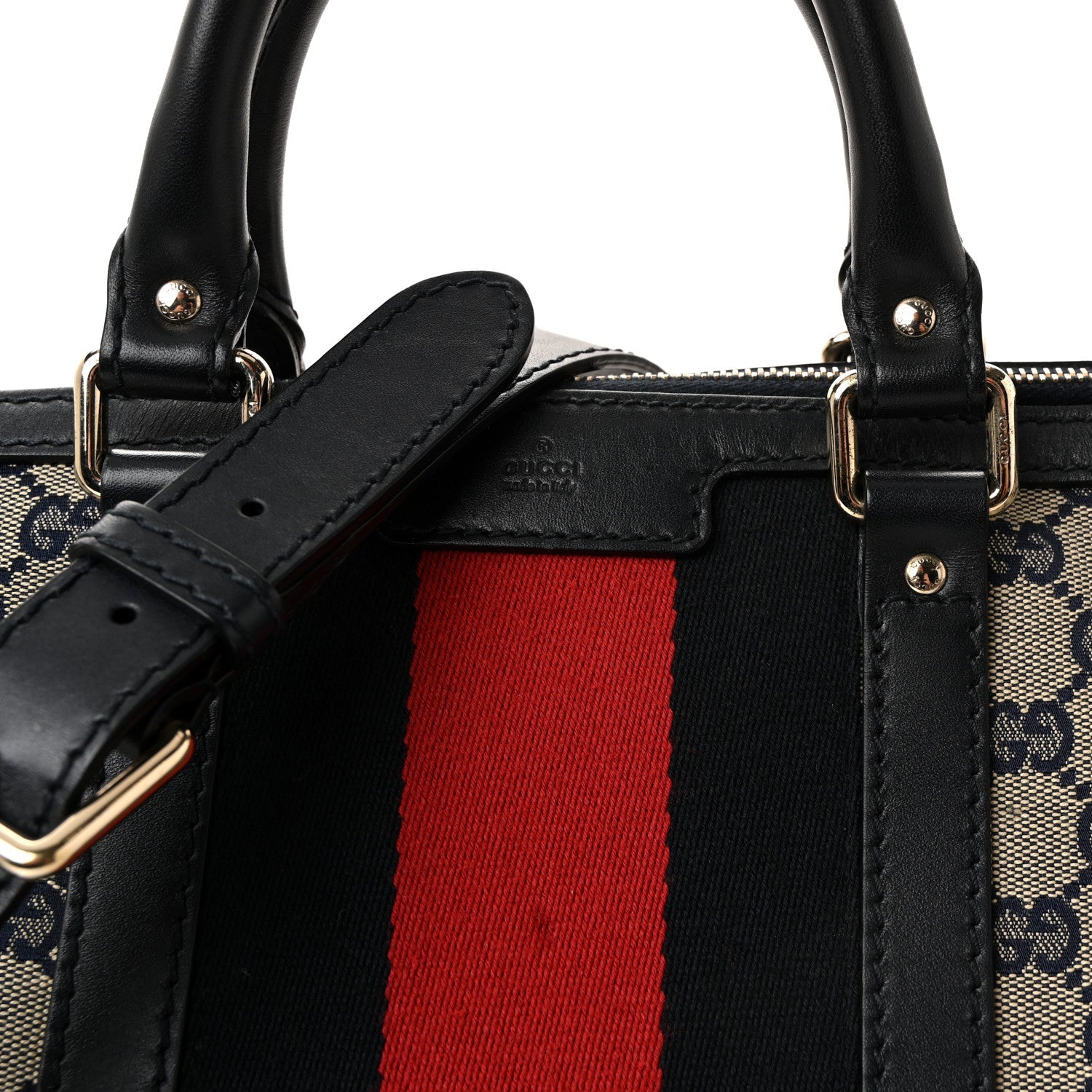 Gucci Monogram Selleria Calfskin Vintage Web Medium Boston Beige Blue