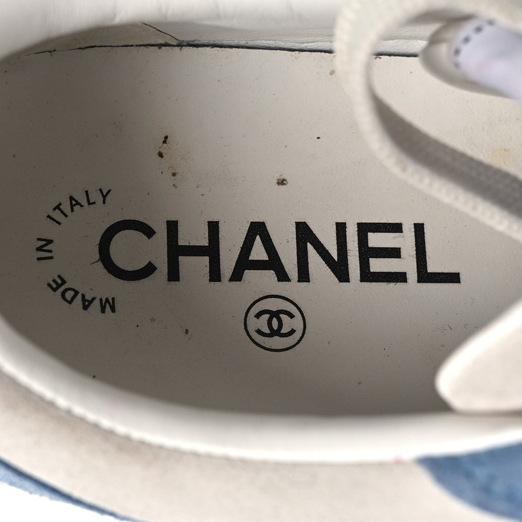 Chanel Suede Kidskin Womens CC Sneakers 37 White Blue