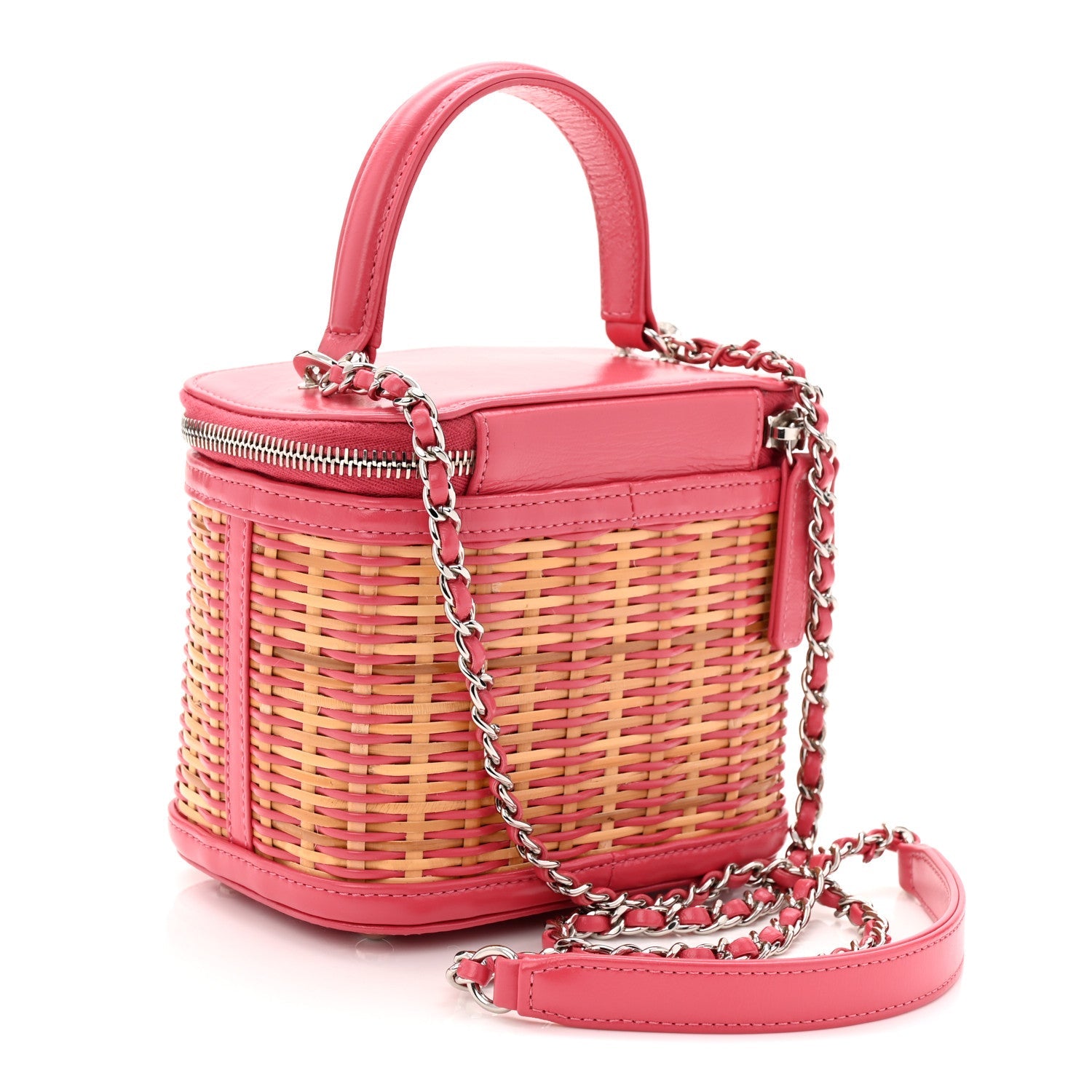 Chanel Calfskin Raffia Small Take Away Vanity Case Bag Pink Beige
