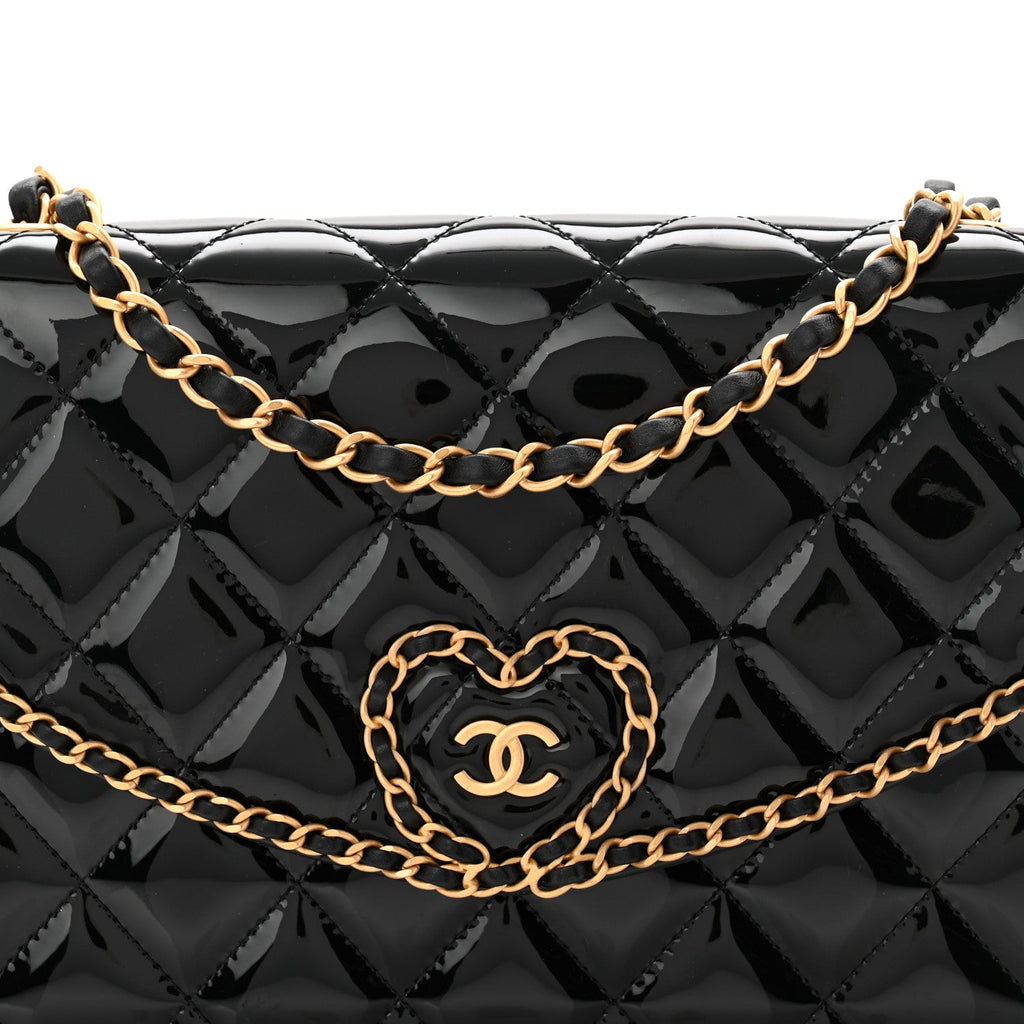 Chanel Patent Quilted Chain Around Heart Flap Black