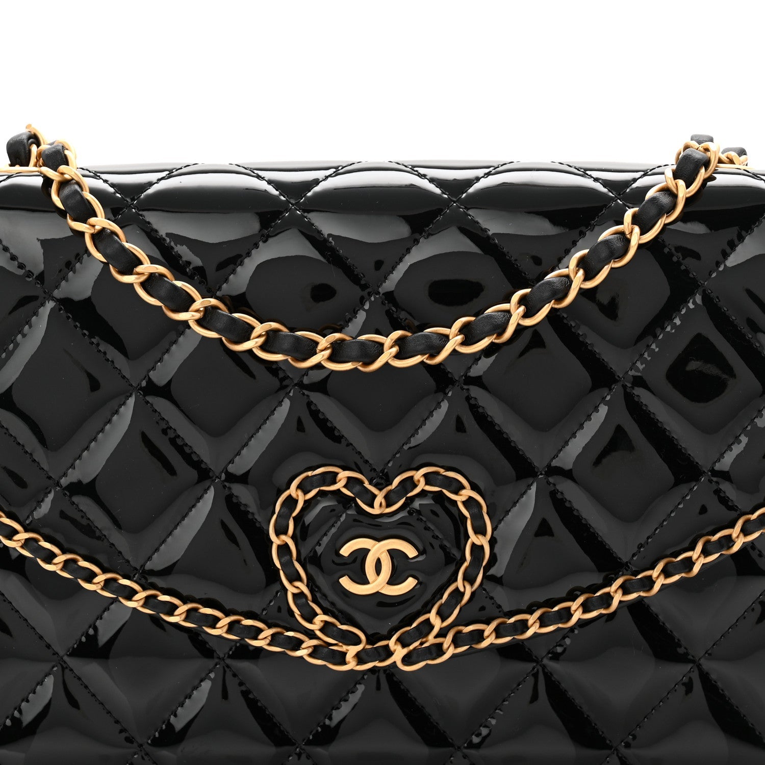 Chanel Patent Quilted Chain Around Heart Flap Black