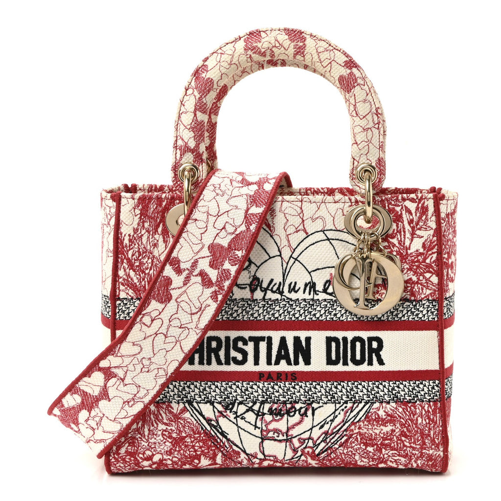 Christian Dior Canvas Embroidered Medium Dioramour D-Royaume Lady D-Lite Red Multicolor