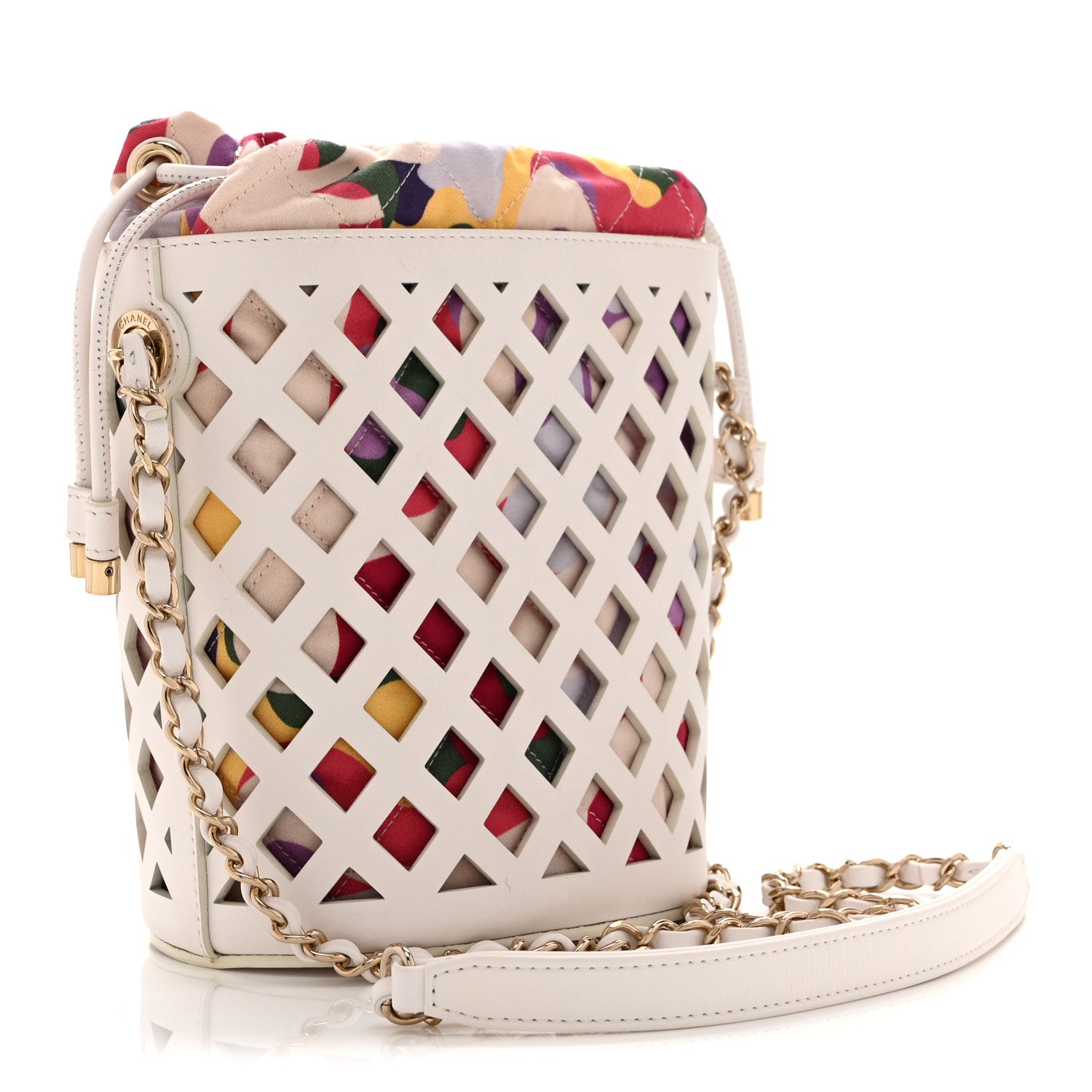 Chanel Lambskin Sea Through Bucket Drawstring Bag White Multicolor