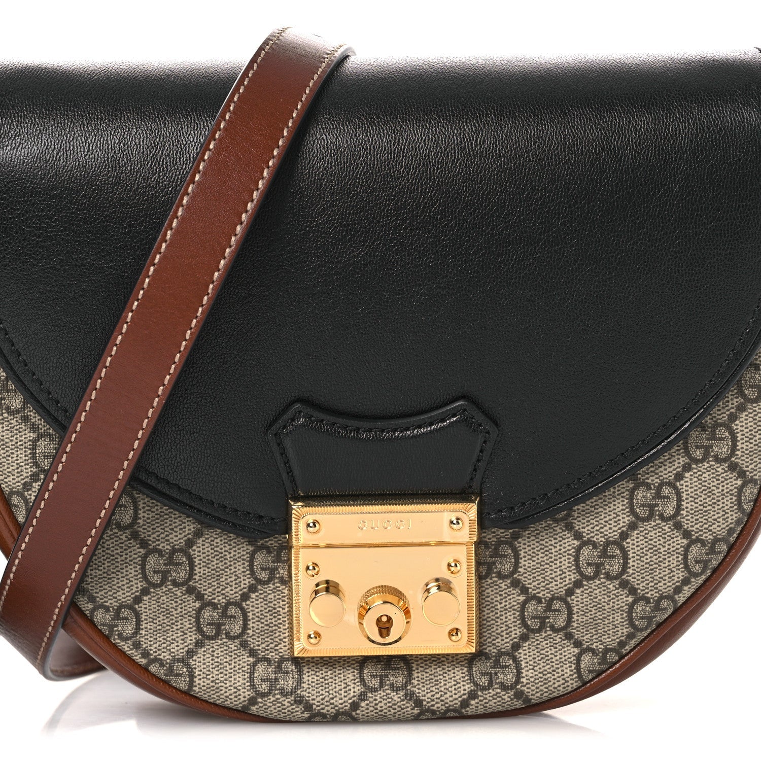 Gucci GG Supreme Monogram Calfskin Small Padlock Messenger Shoulder Bag Beige Black Cuir