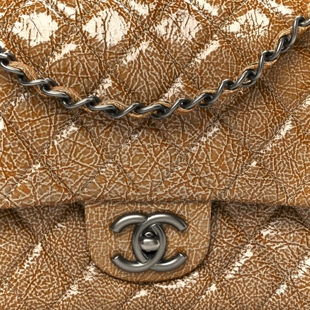 Chanel Crinkled Patent Quilted Medium Double Flap Beige