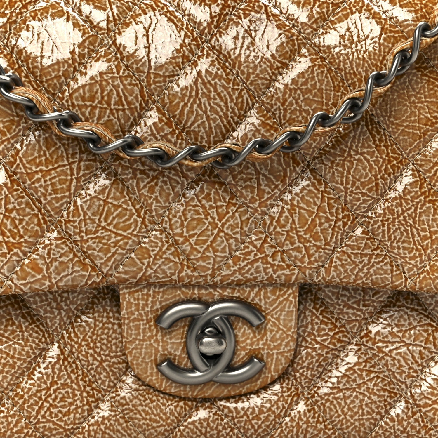 Chanel Crinkled Patent Quilted Medium Double Flap Beige