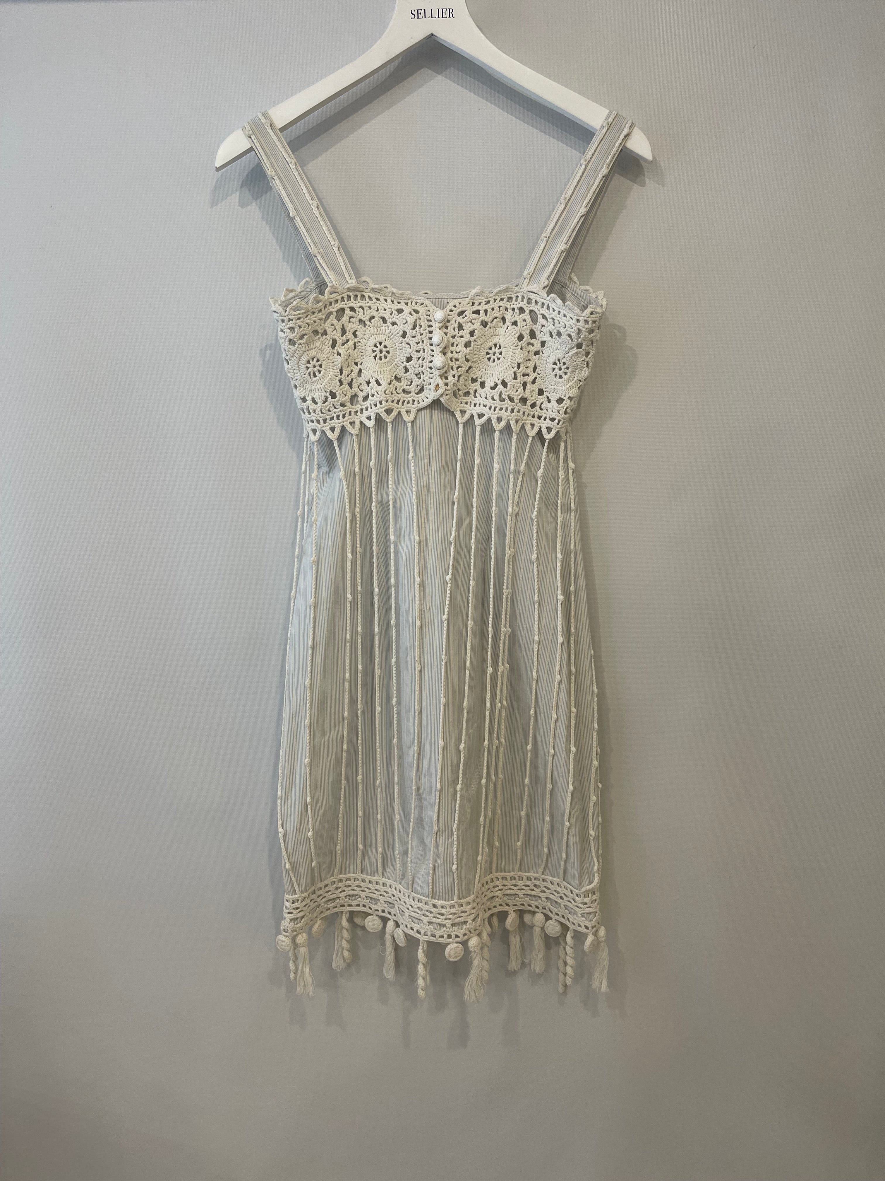 Chanel Spring 2005 Light Blue Striped Mini Dress with White Crochet Detailings Size FR 36 (UK 8)