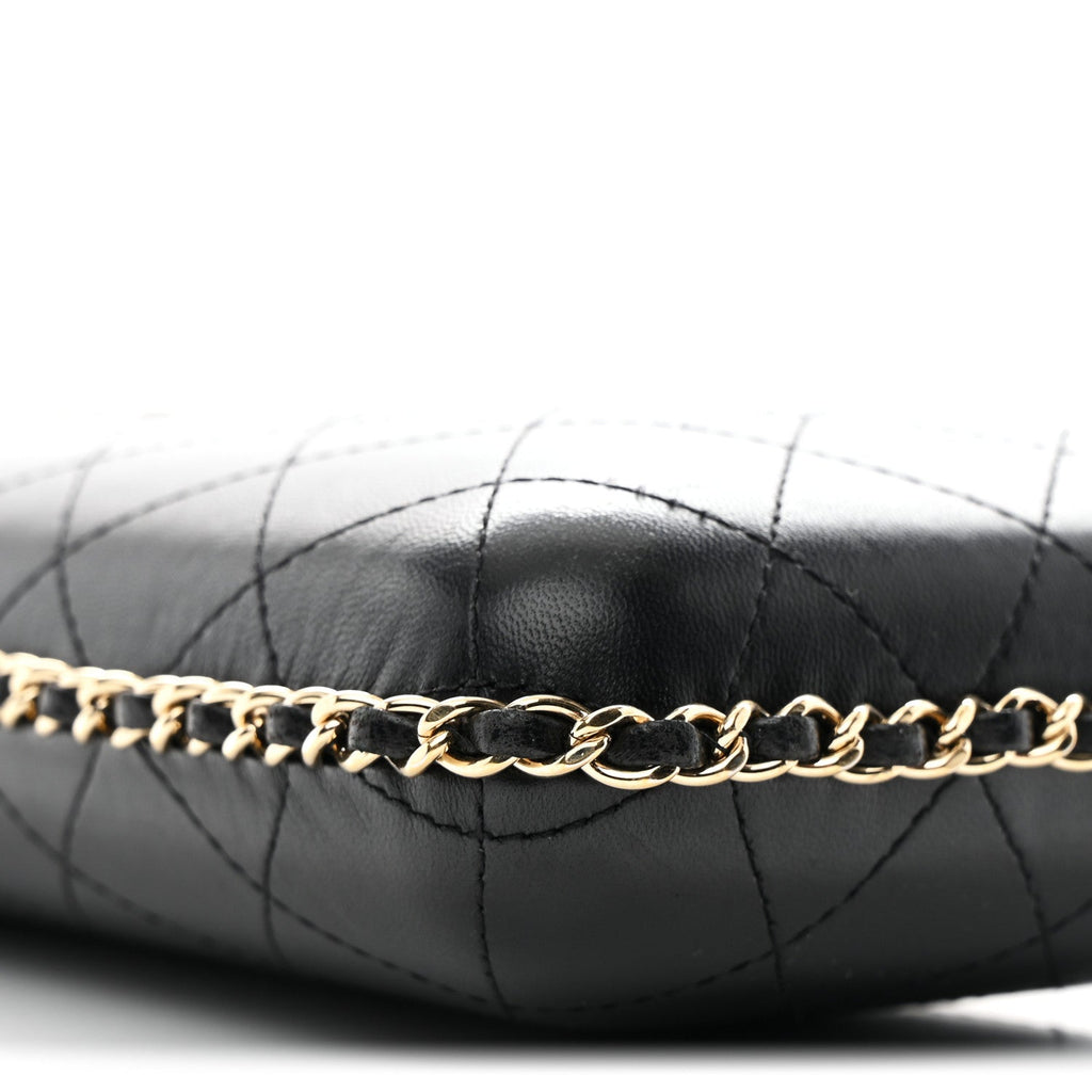 Lambskin Quilted Chain Around Phone Holder Black
