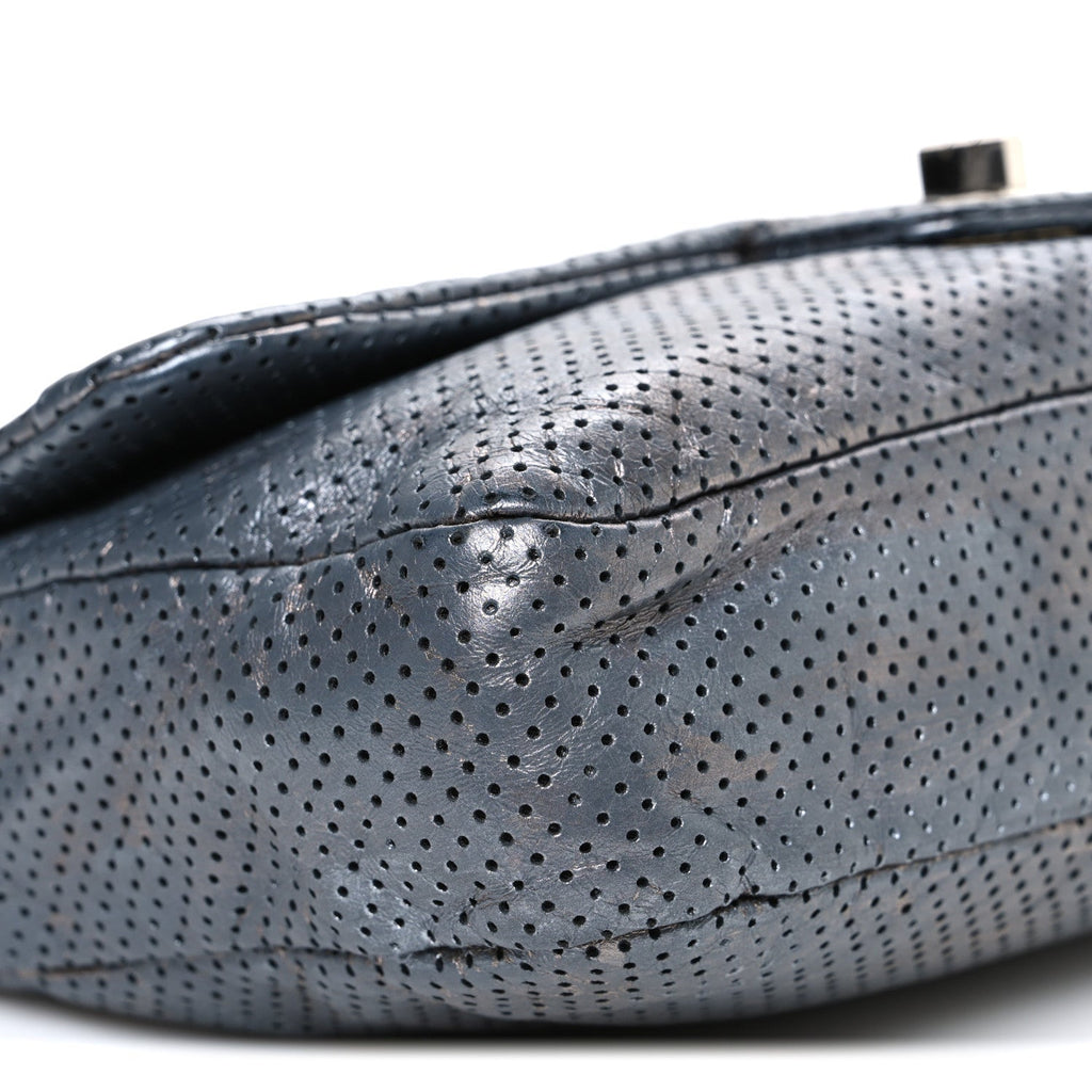 Chanel Metallic Crackled Calfskin Perforated Drill Flap Silver