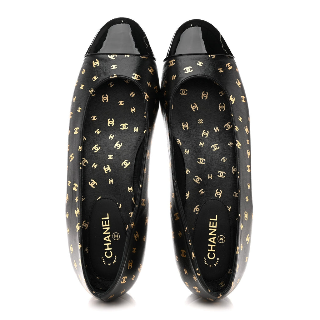 Lambskin Patent Calfskin Printed CC Cap Toe Ballerina Flats 38.5 Black Gold