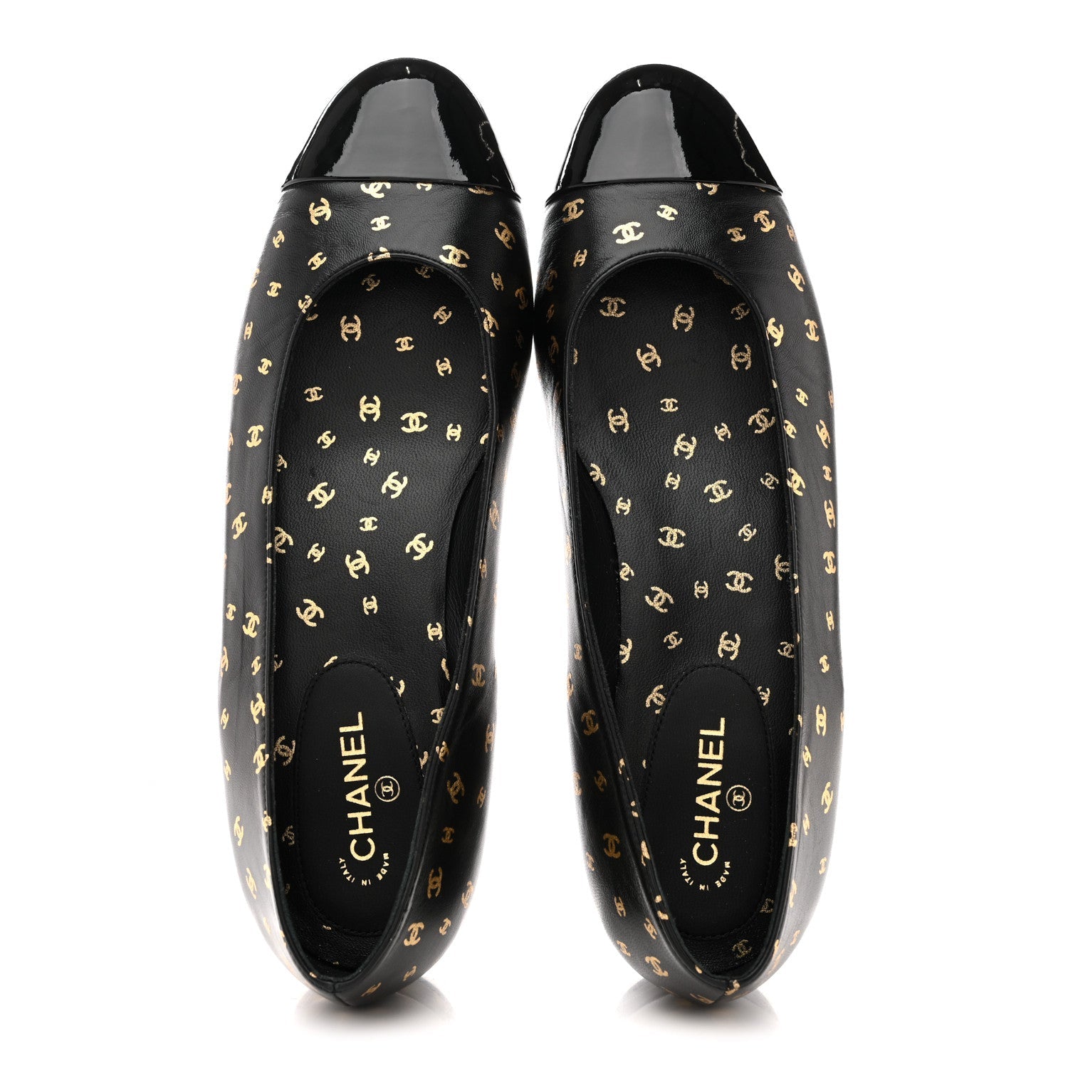 Lambskin Patent Calfskin Printed CC Cap Toe Ballerina Flats 38.5 Black Gold