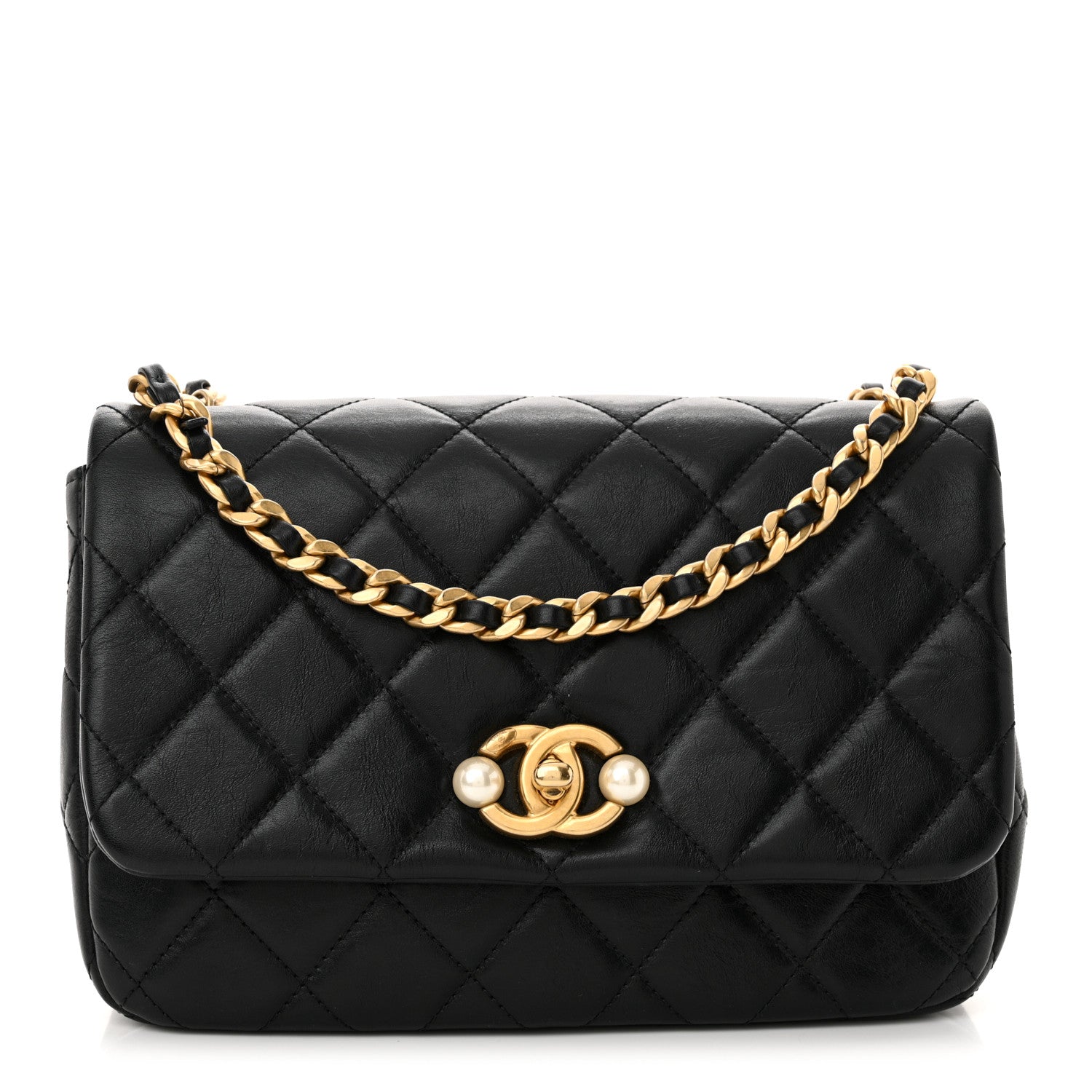 Chanel Glazed Calfskin Quilted Pearl Side Flap Black