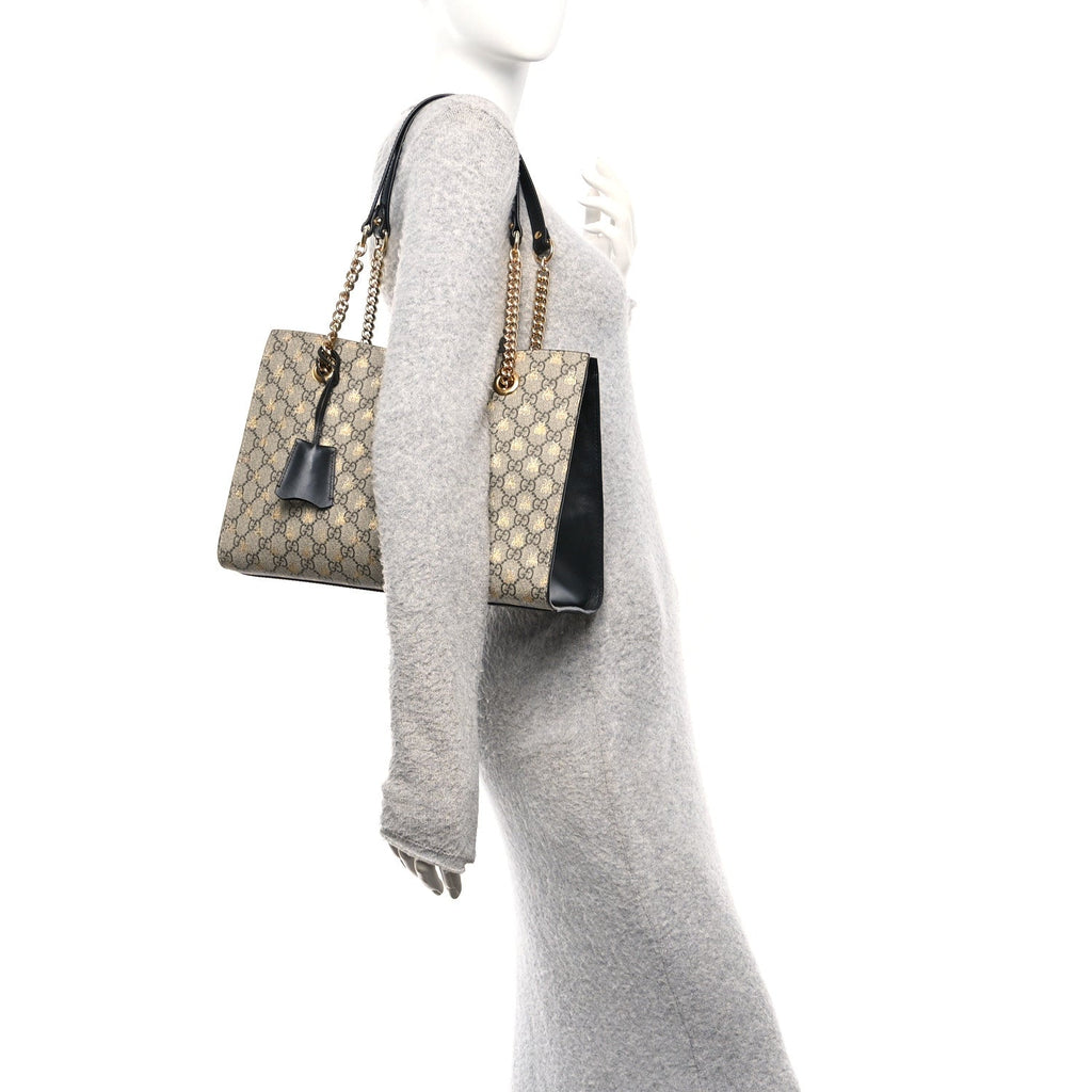 Gucci GG Supreme Monogram Bees Medium Padlock Tote Beige Oro Black