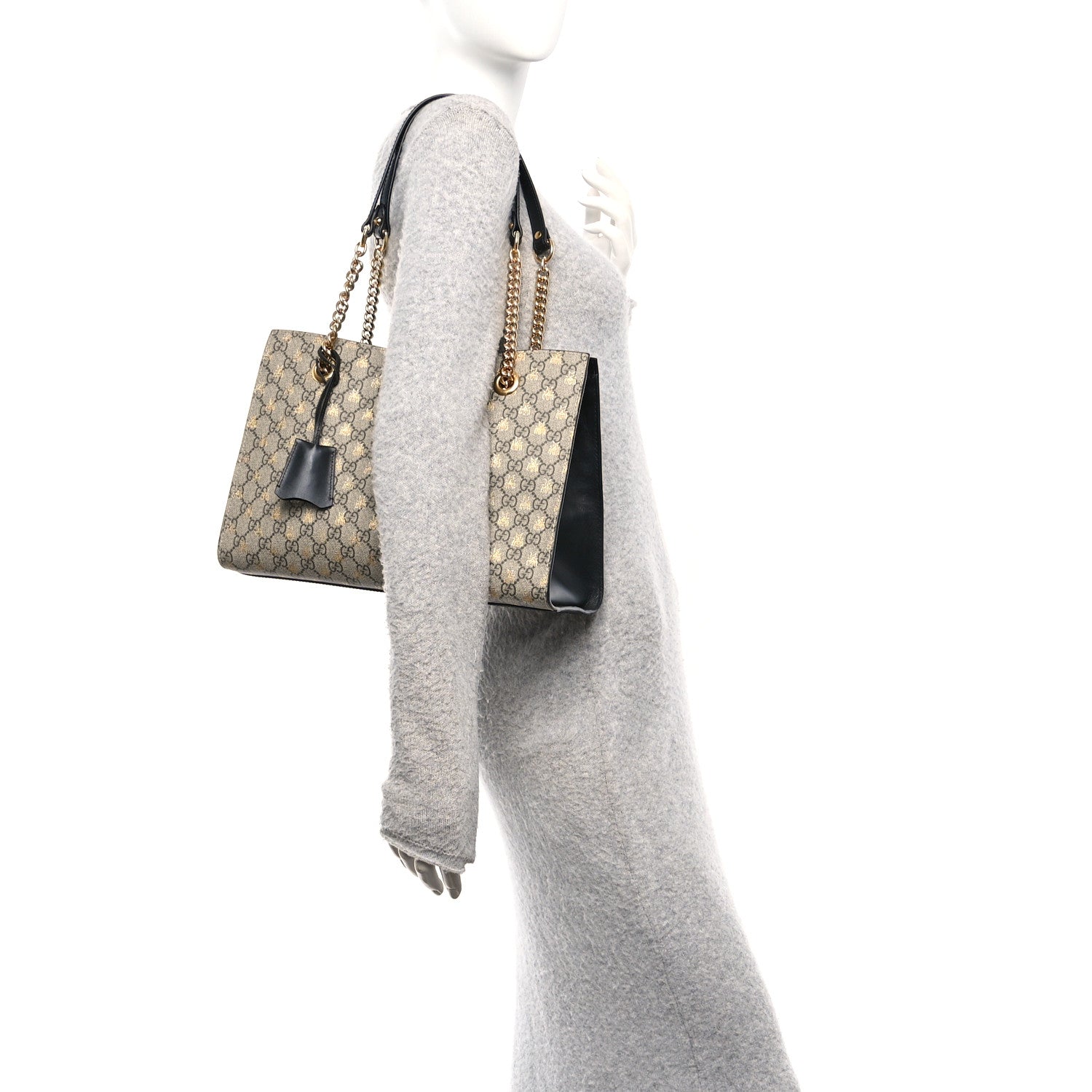 Gucci GG Supreme Monogram Bees Medium Padlock Tote Beige Oro Black