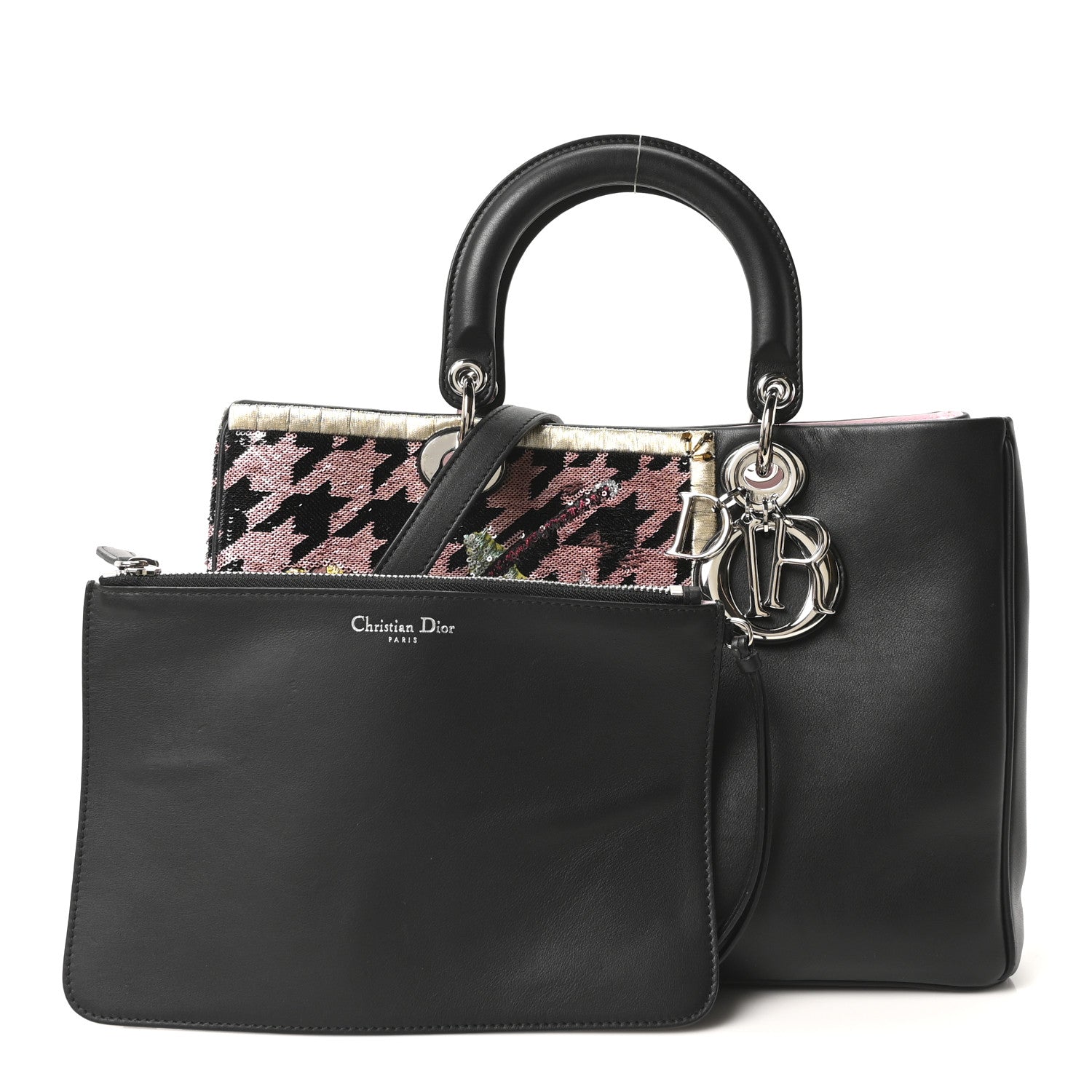 Christian Dior Smooth Calfskin Sequin Houndstooth Embroidered Medium Diorissimo Black