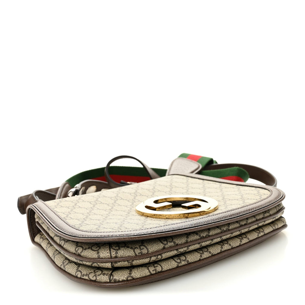 Gucci GG Supreme Monogram Textured Dollar Calfskin Web Medium Blondie Top Handle Shoulder Flap Bag Beige Ebony New Acero