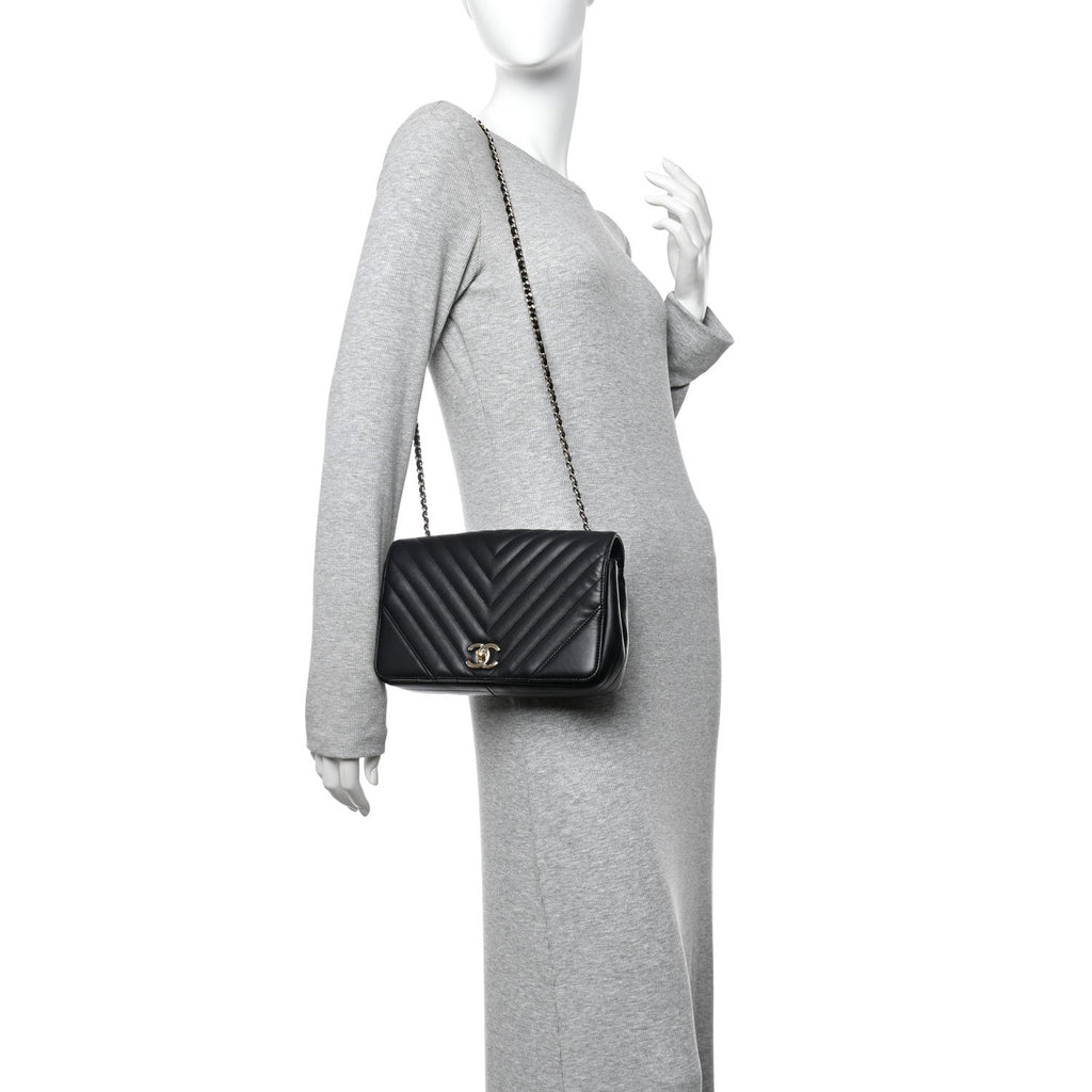 Chanel Calfskin Chevron Quilted Small Statement Flap Black