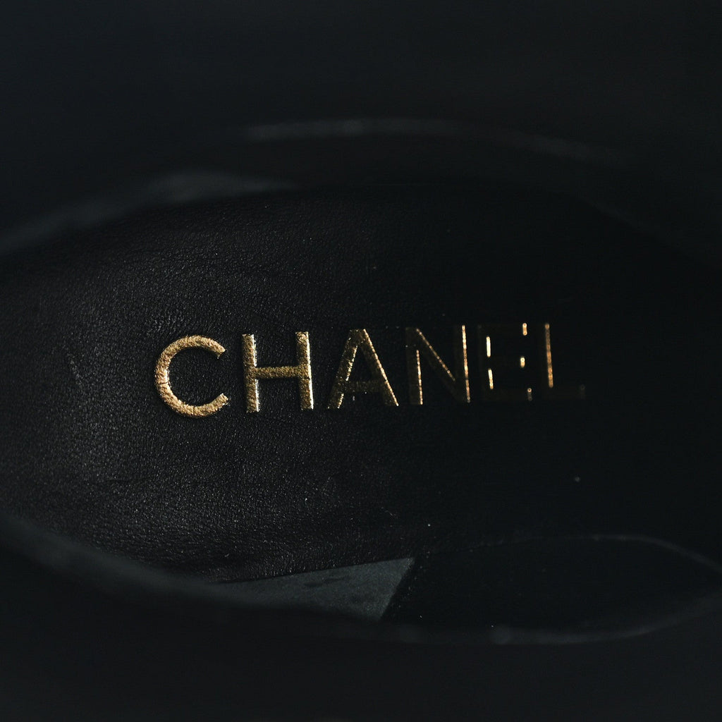 Chanel Wool Tweed Calfskin Cap Toe High Boots 38.5 Black Multicolor