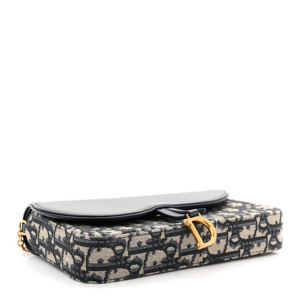 Christian Dior Oblique Smooth Calfskin Medium Saddle Pouch With Chain Blue