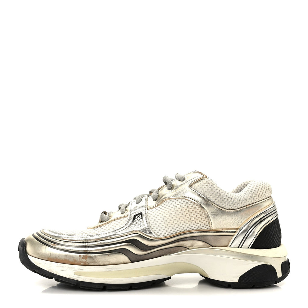 Fabric Laminated Calfskin Stretch CC Sneakers 39.5 White Gold Silver